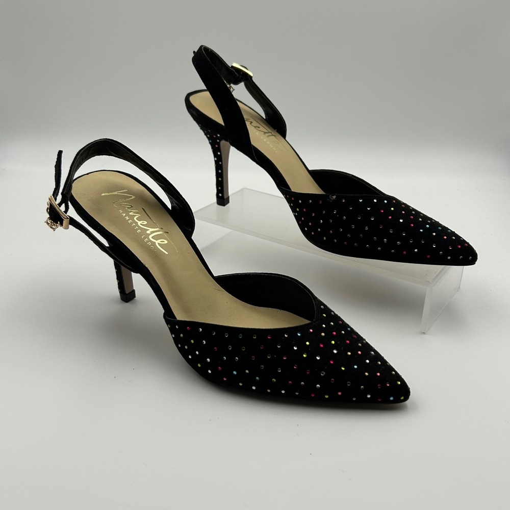 Nanette Lepore Slingback Heels Shoes 6 Black Excellent Rainbow Rhinestone Whimsy